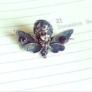 Antique Sterling & Garnets Cherub Brooch